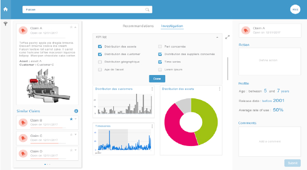 Exalead Asset Quality Intelligence Solution menus and graphs